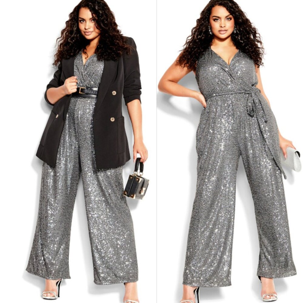 City Chic Dazzling Sequin Jumpsuit | Gunmetal | Size US 18 | NWT